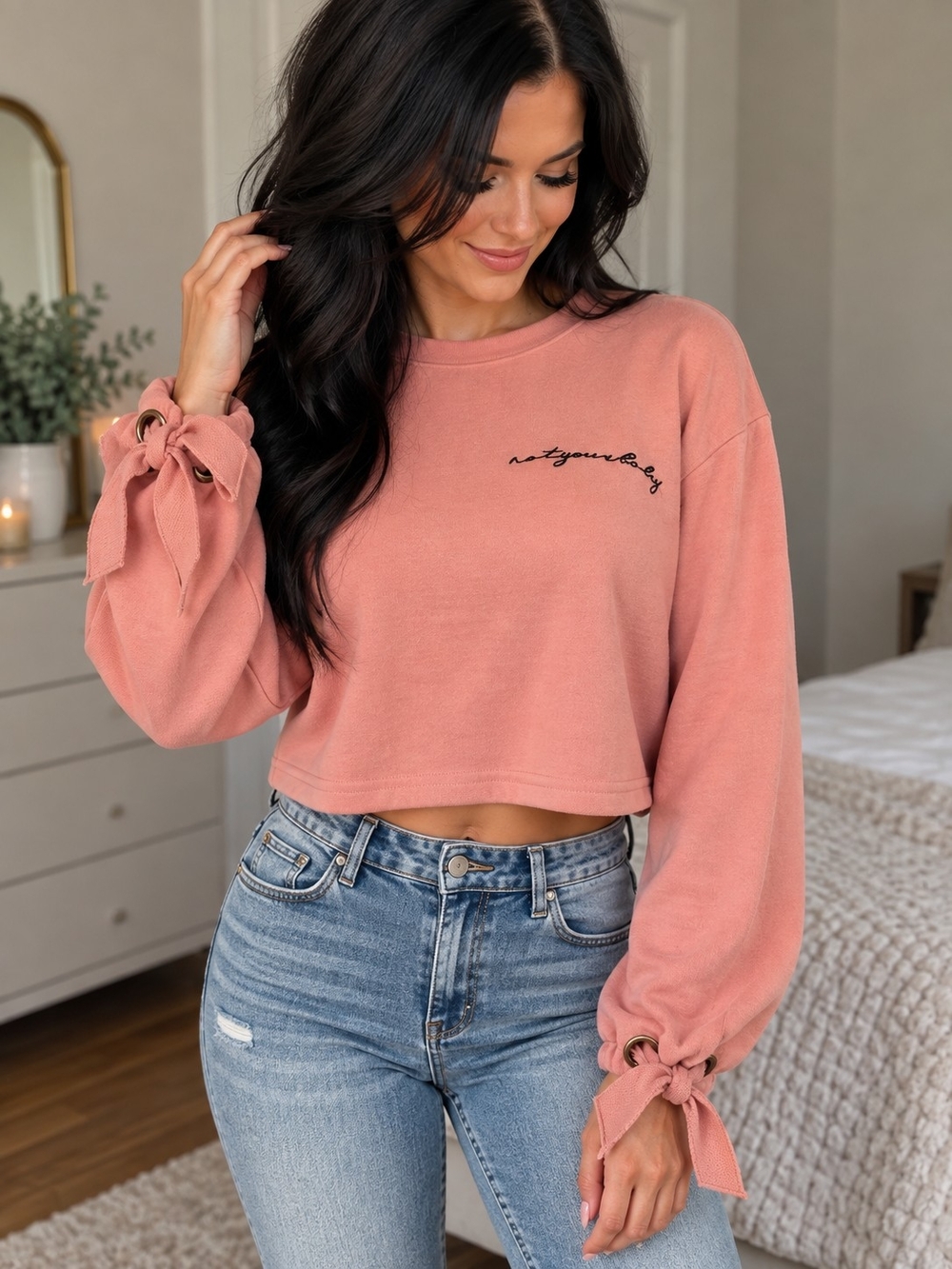NWOT "Not Your Baby" Crop Tie-Sleeve Sweatshirt - Dusty Rose